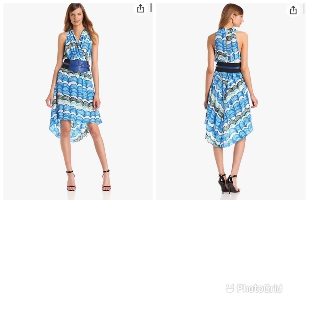 Tracy Reese Silk High Low Halter Blue White Summer‎ Dress Sz M MISSING BELT